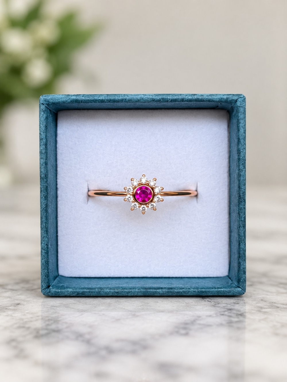 Size 10 Fuchsia Pink Crystal Halo Ring – 14K Rose Gold Plated